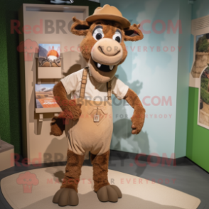 Brown Goat mascot costume character dressed with a Romper and Hat pins