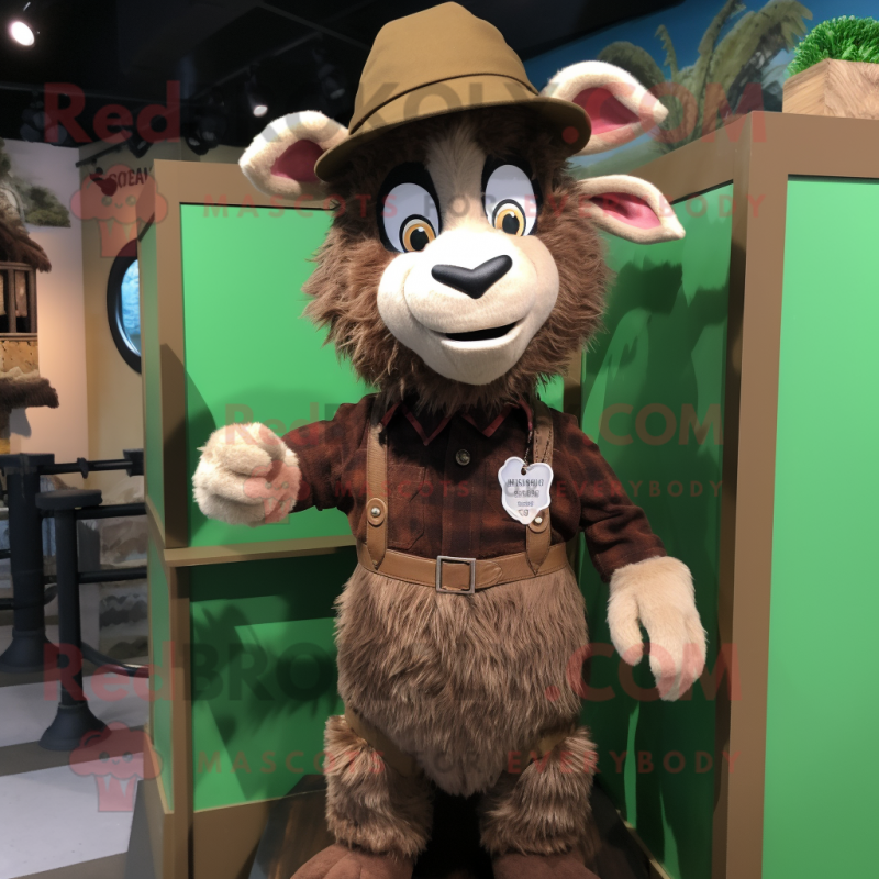 Brown Goat mascot costume character dressed with a Romper and Hat pins