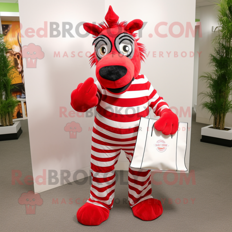 Red Zebra mascot costume character dressed with a Dress Pants and Tote bags Red Zebra mascot costume character dressed with a Dress Pants and Tote bags