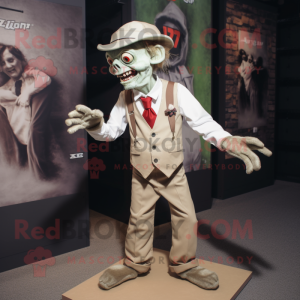 Beige Zombie mascot costume character dressed with a Waistcoat and Lapel pins