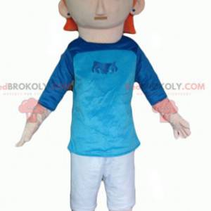 Roodharige meisjesmascotte met een witte en blauwe outfit -