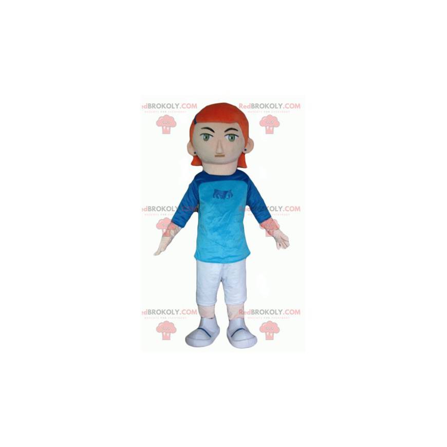 Mascotte de fille rousse avec une tenue blanche et bleue -