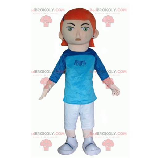 Mascotte de fille rousse avec une tenue blanche et bleue -