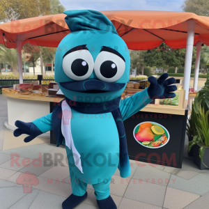 Teal Sushi mascot costume character dressed with a Culottes and Scarves