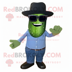 Black Cucumber mascot costume character dressed with a Chambray Shirt and Sunglasses