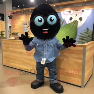 Black Cucumber mascot costume character dressed with a Chambray Shirt and Sunglasses