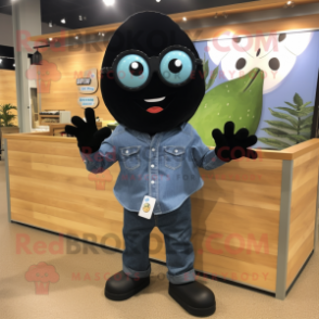 Black Cucumber mascot costume character dressed with a Chambray Shirt and Sunglasses