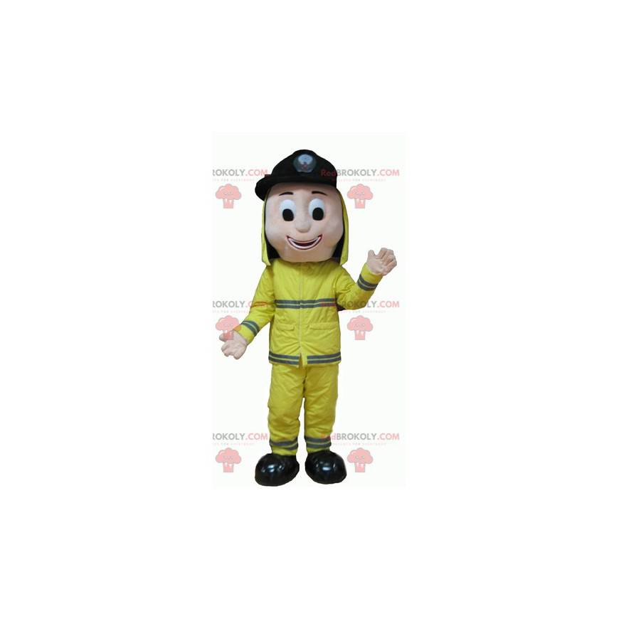 Mascote do bombeiro de uniforme muito sorridente -
