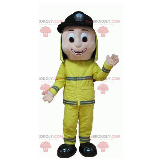 Mascote do bombeiro de uniforme muito sorridente -