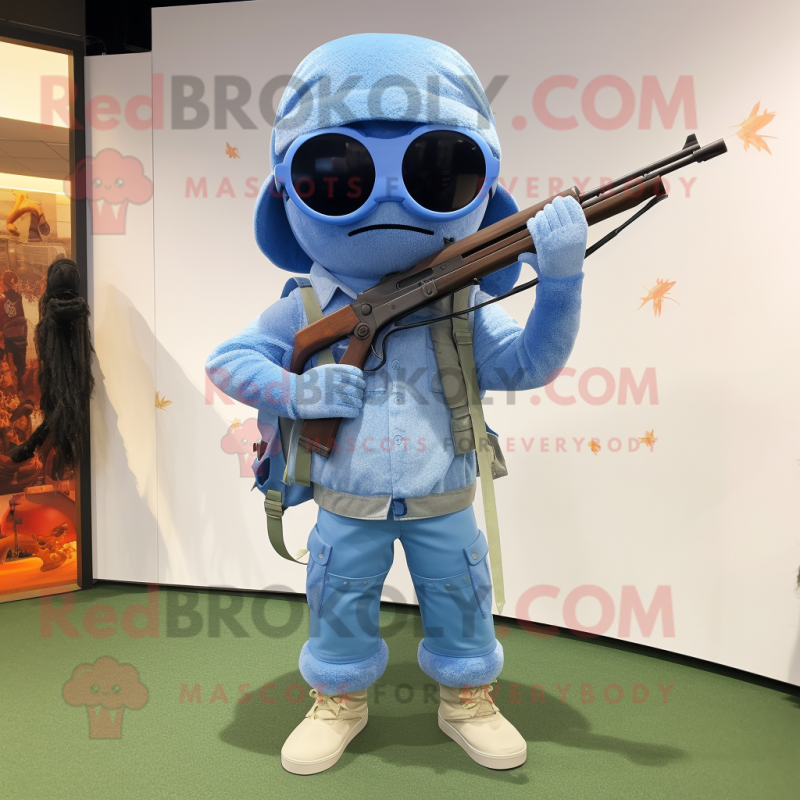 Sky Blue Sniper mascot costume character dressed with a Denim Shorts and Headbands