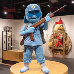 Sky Blue Sniper mascot costume character dressed with a Denim Shorts and Headbands