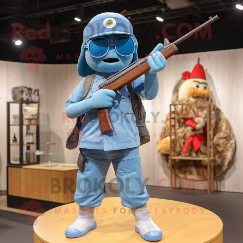 Sky Blue Sniper mascot costume character dressed with a Denim Shorts and Headbands