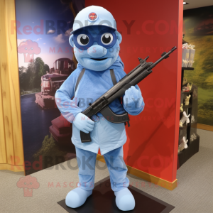 Sky Blue Sniper mascot costume character dressed with a Denim Shorts and Headbands