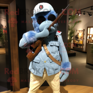 Sky Blue Sniper mascot costume character dressed with a Denim Shorts and Headbands