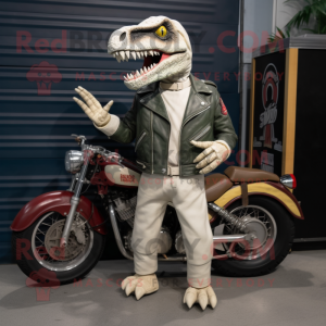 Cream Spinosaurus mascot costume character dressed with a Biker Jacket and Shoe clips