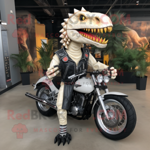 Cream Spinosaurus mascot costume character dressed with a Biker Jacket and Shoe clips