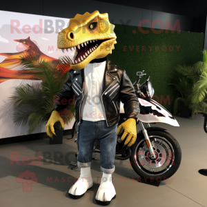 Cream Spinosaurus mascot costume character dressed with a Biker Jacket and Shoe clips