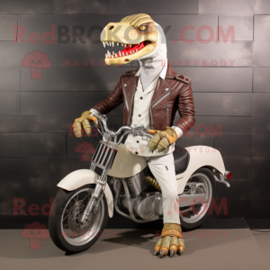 Cream Spinosaurus mascot costume character dressed with a Biker Jacket and Shoe clips