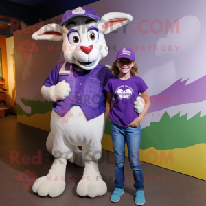 Purple Goat mascot costume character dressed with a Mom Jeans and Caps