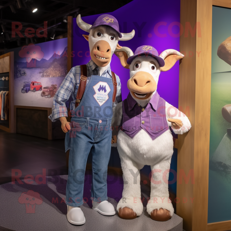 Purple Goat mascot costume character dressed with a Mom Jeans and Caps Purple Goat mascot costume character dressed with a Mom Jeans and Caps