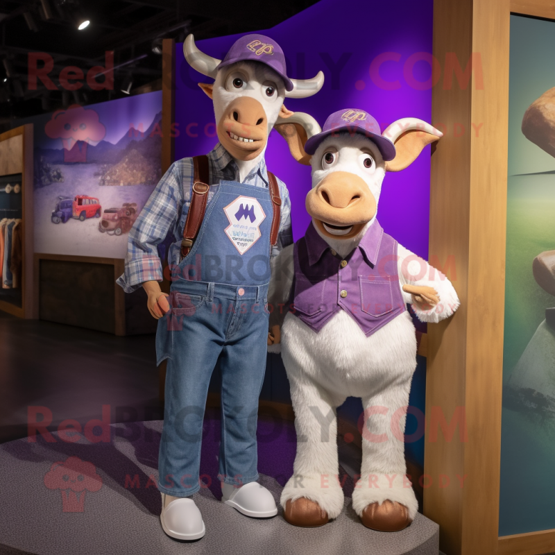 Purple Goat mascot costume character dressed with a Mom Jeans and Caps