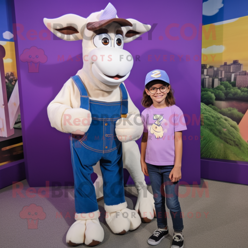 Purple Goat mascot costume character dressed with a Mom Jeans and Caps Purple Goat mascot costume character dressed with a Mom Jeans and Caps
