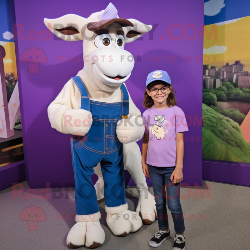 Purple Goat mascot costume character dressed with a Mom Jeans and Caps