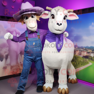 Purple Goat mascot costume character dressed with a Mom Jeans and Caps