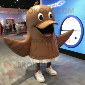 Brown Whale mascot costume character dressed with a Long Sleeve Tee and Shoe clips