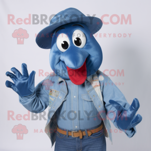 Blue Lobster mascot costume character dressed with a Chambray Shirt and Hats