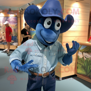 Blue Lobster mascot costume character dressed with a Chambray Shirt and Hats