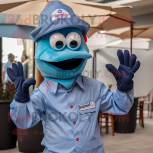 Blue Lobster mascot costume character dressed with a Chambray Shirt and Hats