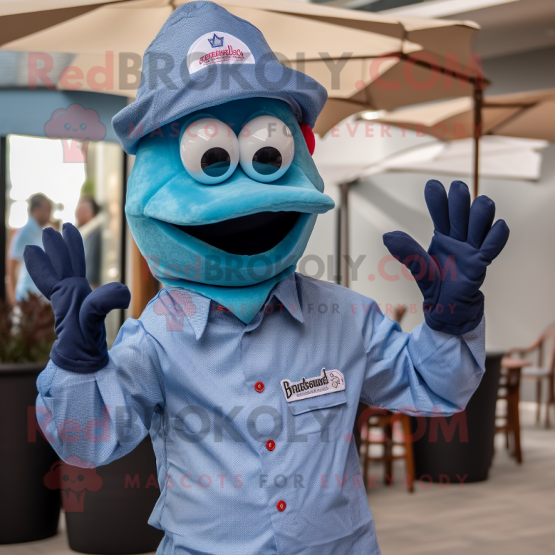 Blue Lobster mascot costume character dressed with a Chambray Shirt and Hats Blue Lobster mascot costume character dressed with a Chambray Shirt and Hats