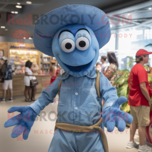 Blue Lobster mascot costume character dressed with a Chambray Shirt and Hats