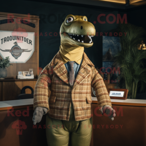 Tan Loch Ness Monster mascot costume character dressed with a Bomber Jacket and Tie pins
