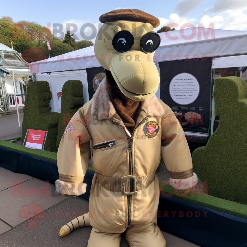 Tan Loch Ness Monster mascot costume character dressed with a Bomber Jacket and Tie pins