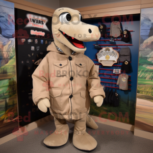 Tan Loch Ness Monster mascot costume character dressed with a Bomber Jacket and Tie pins