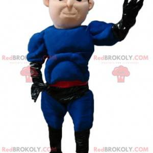 Mascote do super-herói em traje azul e preto com uma faixa na