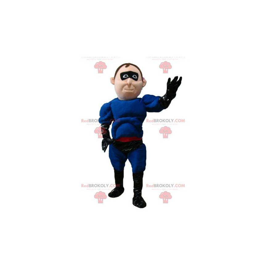 Mascota de superhéroe en traje azul y negro con una diadema -
