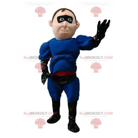 Mascote do super-herói em traje azul e preto com uma faixa na