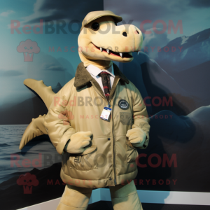 Tan Loch Ness Monster mascot costume character dressed with a Bomber Jacket and Tie pins