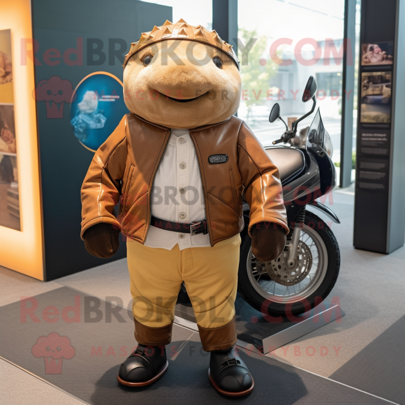 Brown Glyptodon mascot costume character dressed with a Moto Jacket and Tie pins Brown Glyptodon mascot costume character dressed with a Moto Jacket and Tie pins