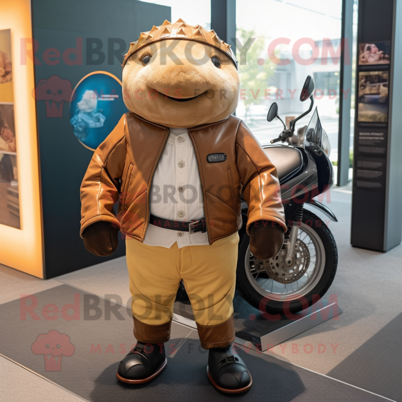 Brown Glyptodon mascot costume character dressed with a Moto Jacket and Tie pins