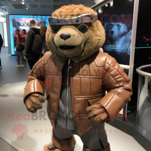 Brown Glyptodon mascot costume character dressed with a Moto Jacket and Tie pins