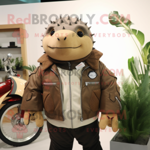 Brown Glyptodon mascot costume character dressed with a Moto Jacket and Tie pins