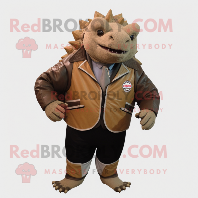 Brown Glyptodon mascot costume character dressed with a Moto Jacket and Tie pins