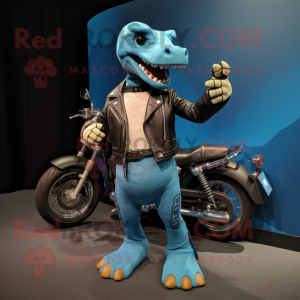Cyan Diplodocus mascot costume character dressed with a Moto Jacket and Bracelets