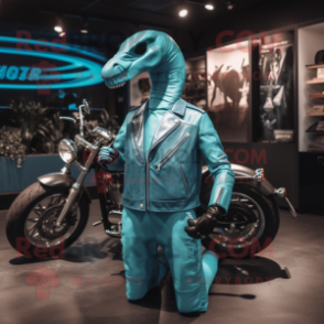 Cyan Diplodocus mascot costume character dressed with a Moto Jacket and Bracelets