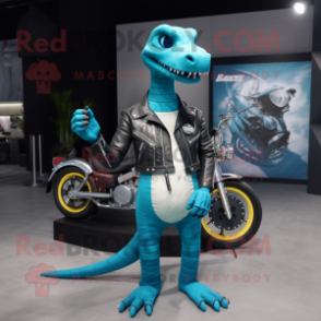 Cyan Diplodocus mascot costume character dressed with a Moto Jacket and Bracelets