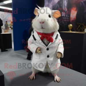 White Guinea Pig mascot costume character dressed with a Blouse and Lapel pins